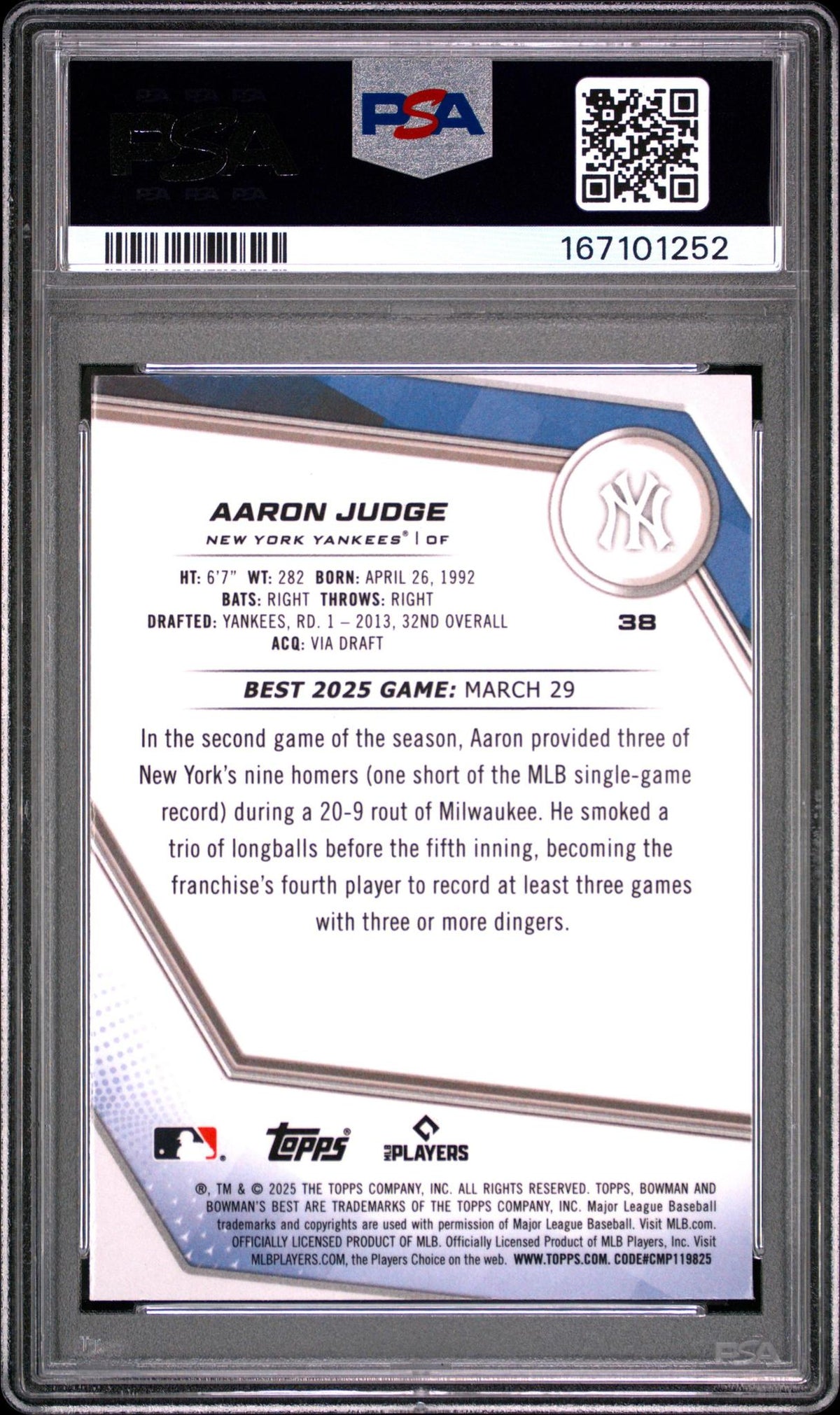2025 BOWMAN'S BEST 38 AARON JUDGE LAZER REFRACTOR PSA 10