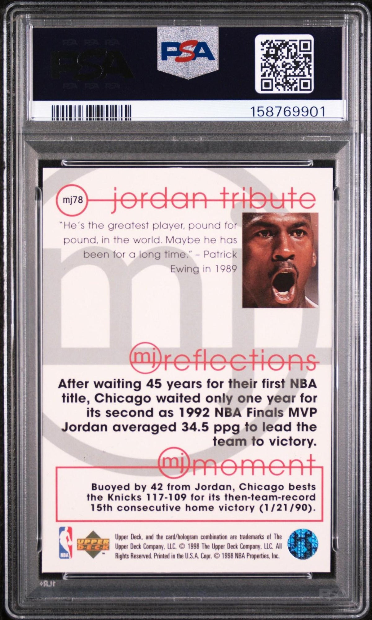 1998 UPPER DECK JORDAN TRIBUTE MJ78 MICHAEL JORDAN MJ REFLECTIONS PSA 10