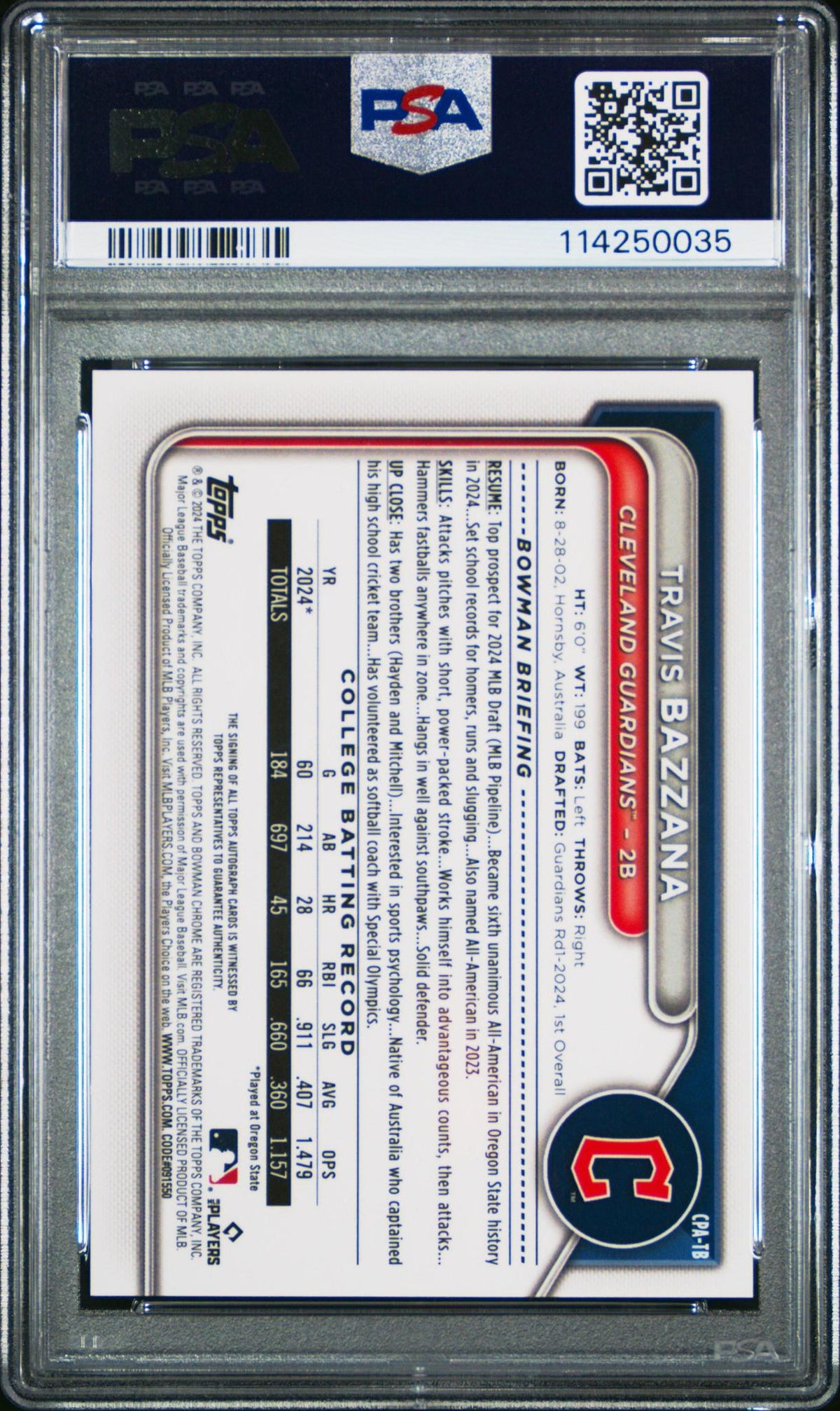 2024 BOWMAN DRAFT CHROME PROSPECT AUTOGRAPHS CPATB TRAVIS BAZZANA PSA 10
