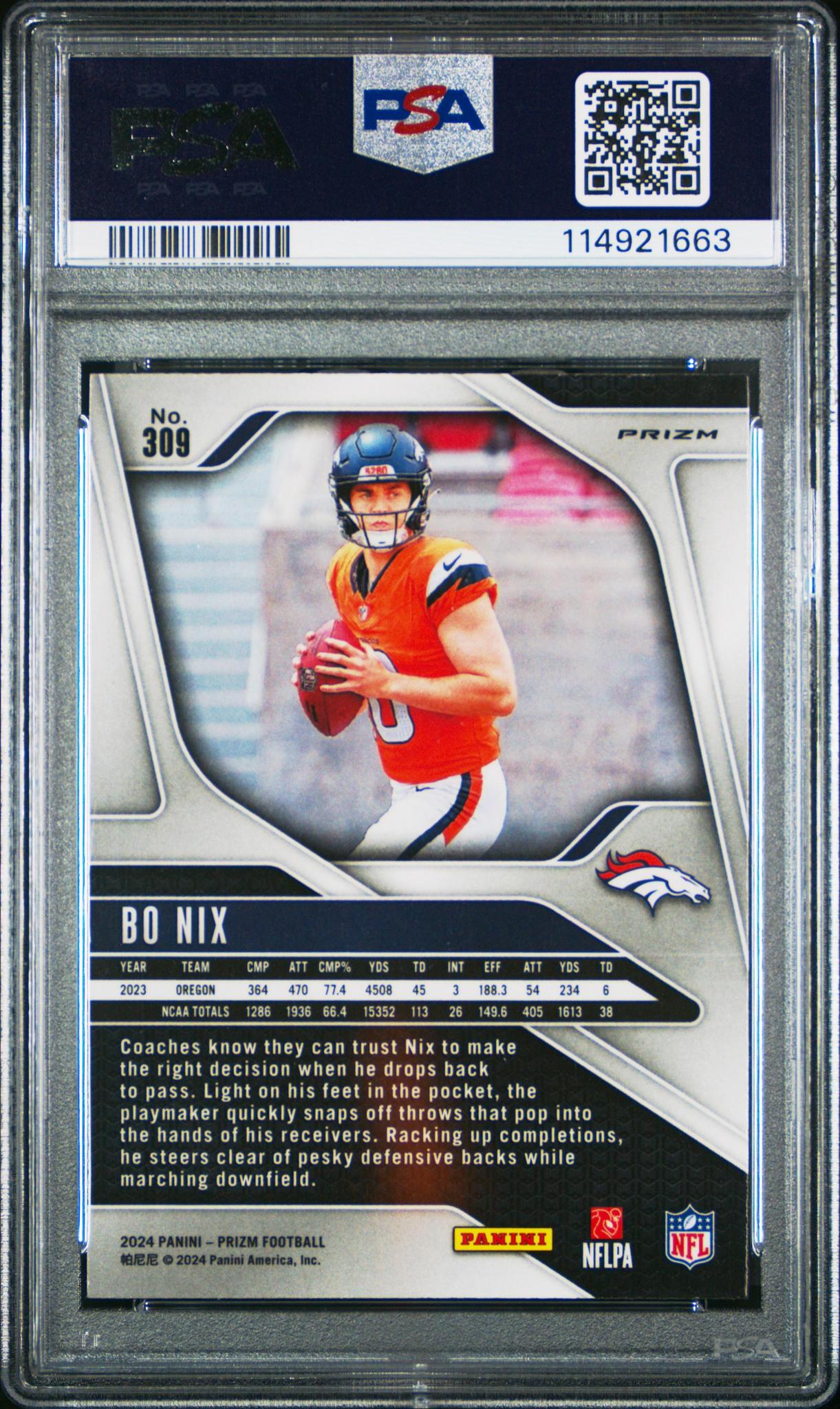 2024 Panini Prizm #309 Bo Nix Orange Disco Prizm PSA 9