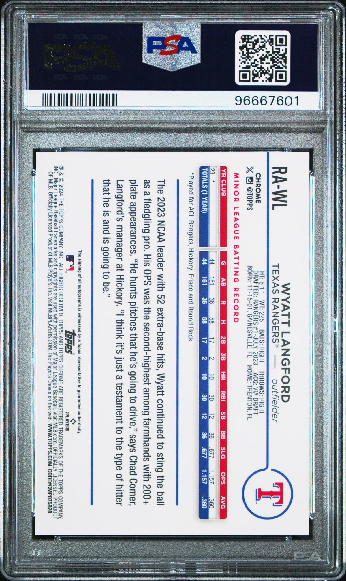 2024 Topps Chrome Rookie Autographs Rawl Wyatt Langford PSA 10