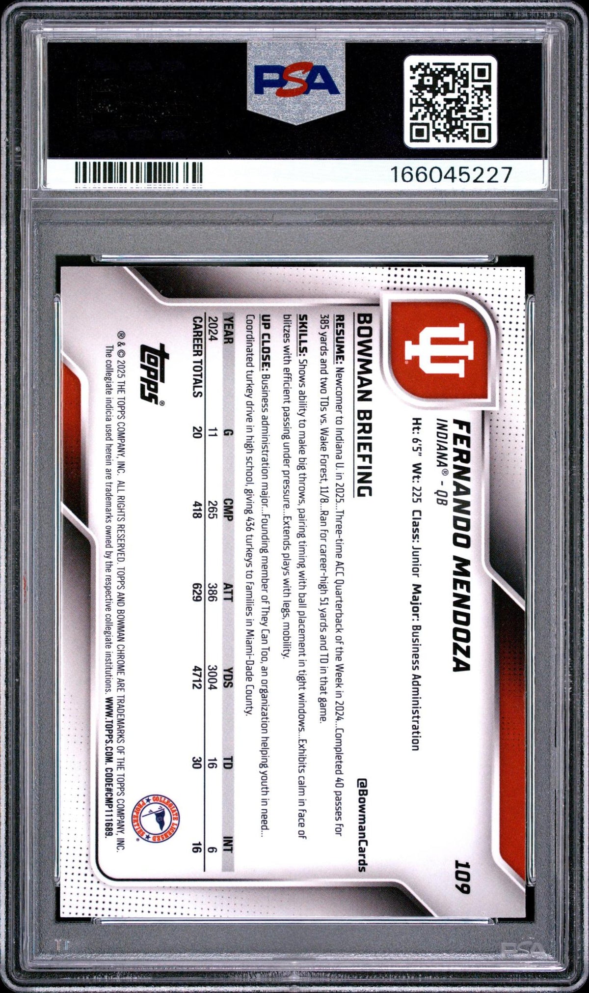 2025 BOWMAN UNIVERSITY CHROME 109 FERNANDO MENDOZA PINK LAVA PSA 10