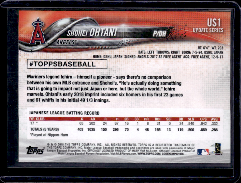 2018 Topps Update Shohei Ohtani US1 Warm Up Shirt Variation Rookie SP