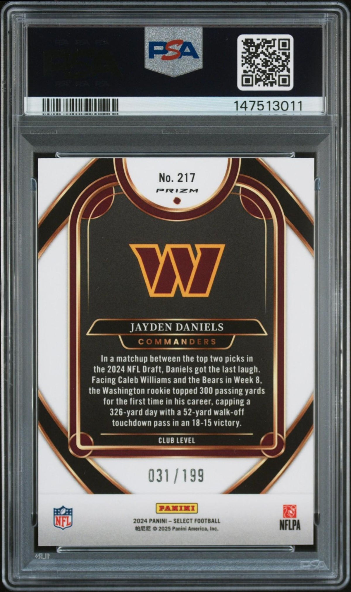 2024 PANINI SELECT 217 JAYDEN DANIELS WHITE SHOCK PSA 10