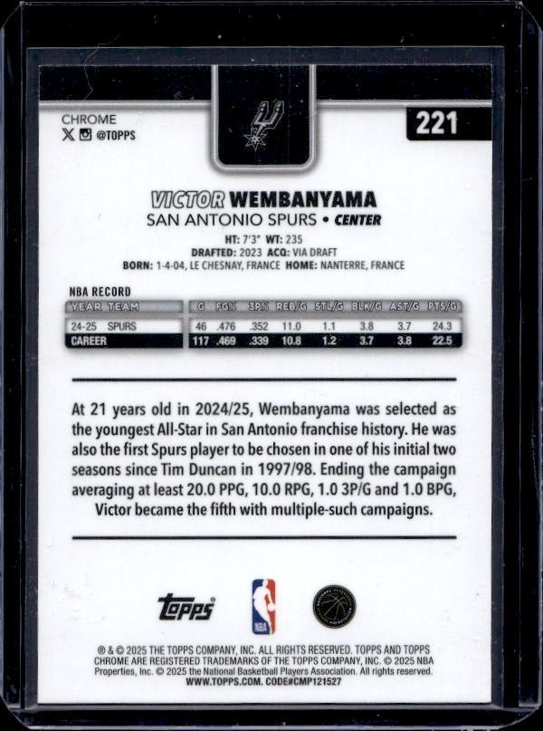 2025-26 Topps Chrome #221 Victor Wembanyama Teal Refractor #/299