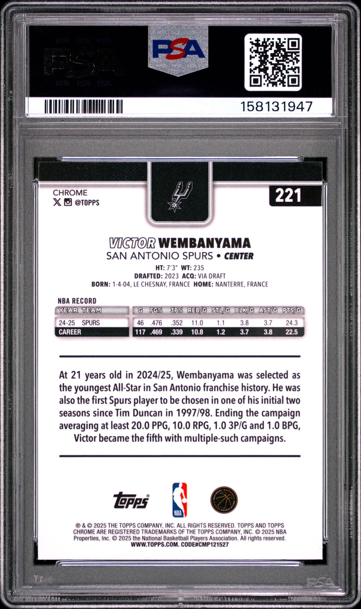 2025 TOPPS CHROME 221 VICTOR WEMBANYAMA X-FRACTOR PSA 10