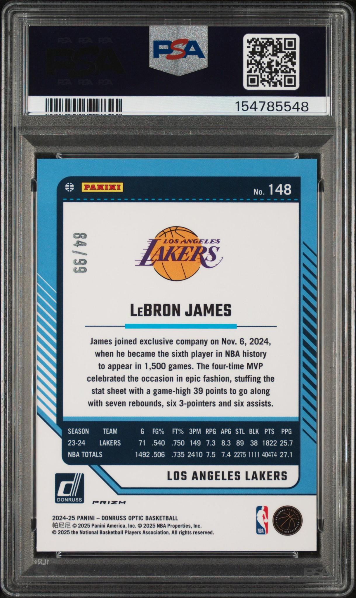 2024 Panini Donruss Optic 148 Lebron James Red and Gold International PSA 10