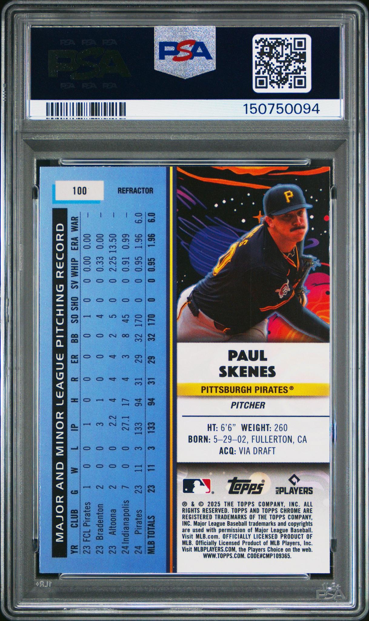 2025 Topps Cosmic Chrome Paul Skenes #100 Refractor PSA 10