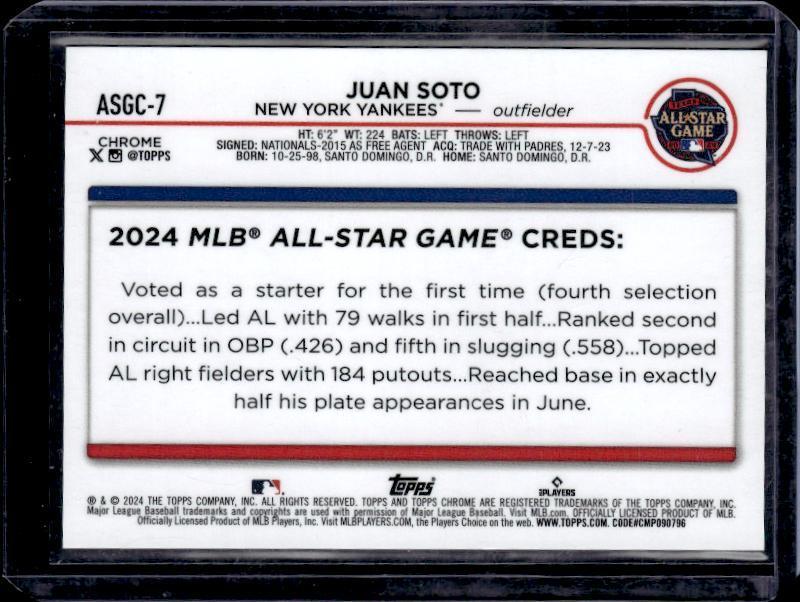 2024 Topps Chrome Update #ASGC-7 Juan Soto 2024 All-Star Game Chrome Black Refractors #/10