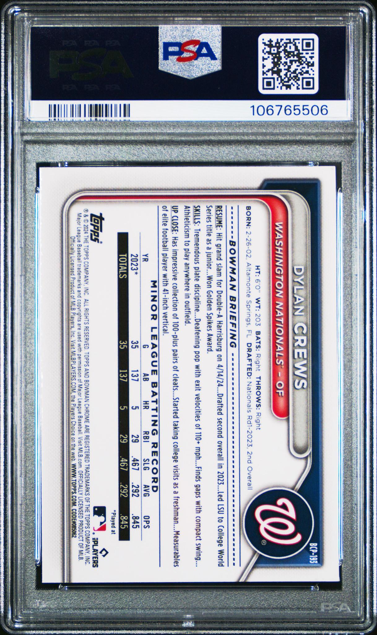 2024 Bowman Chrome Prospects #BCP193 Dylan Crews Prospects-Fuchsia Shimmer PSA 10 #/125