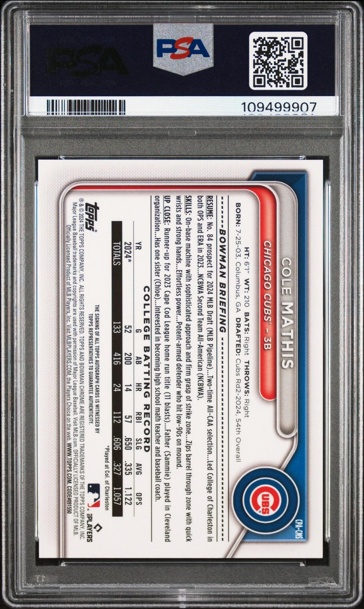 2024 Bowman Draft #CPA-CMS Cole Mathis Chrome Prospect Autographs PSA 10