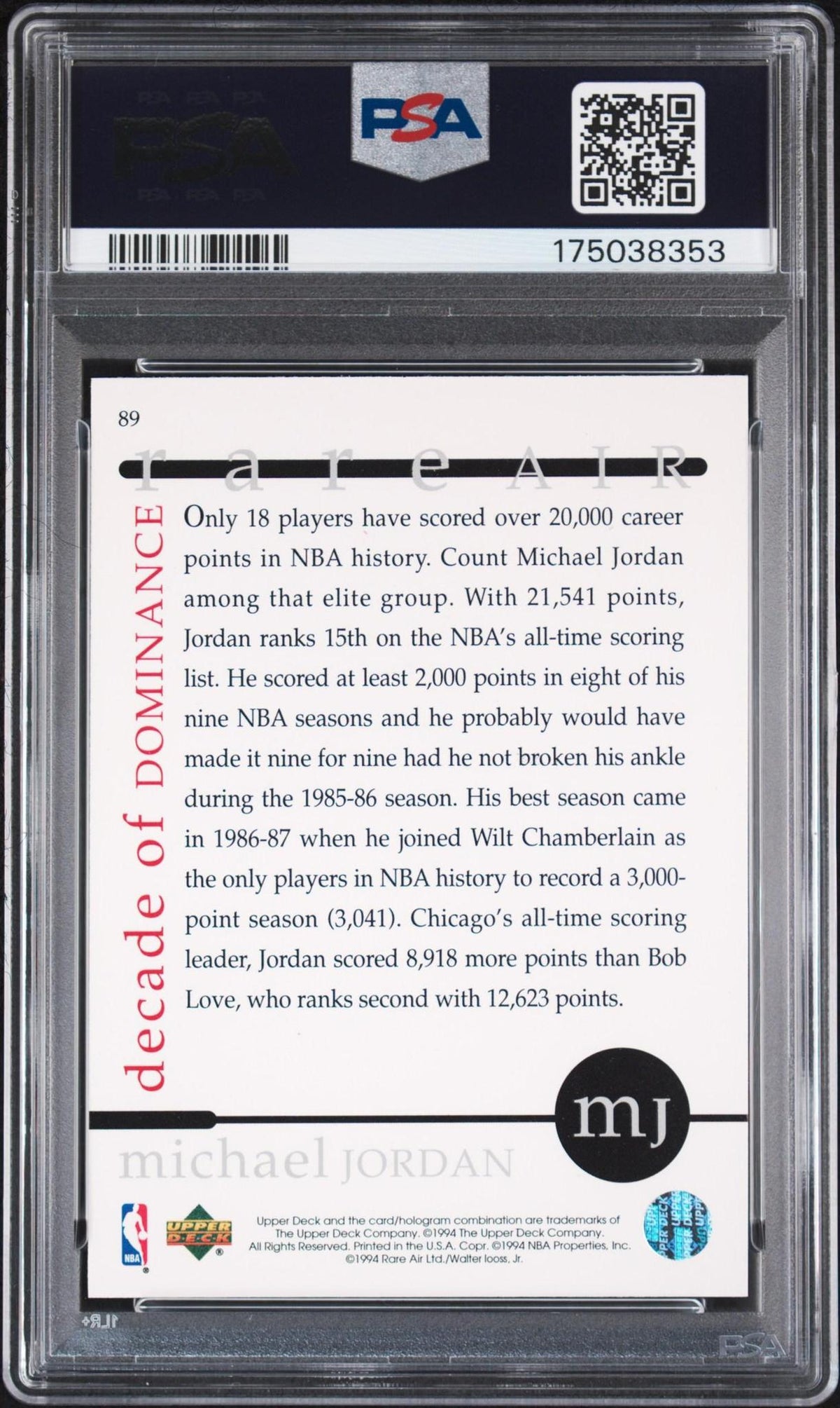 1994 UPPER DECK MJ RARE AIR 89 MICHAEL JORDAN PSA 10