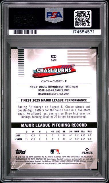2026 TOPPS FINEST #263 CHASE BURNS YELLOW REFRACTOR PSA 10