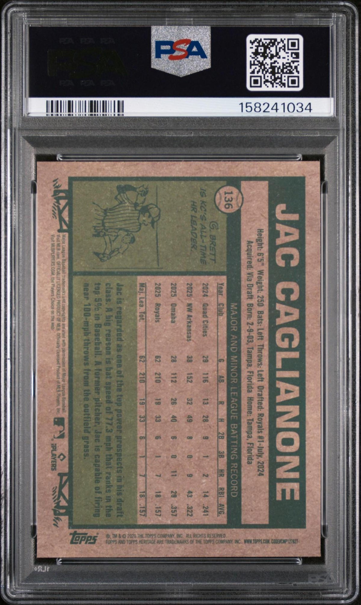 2026 TOPPS HERITAGE 136 JAC CAGLIANONE CHROME PSA 10