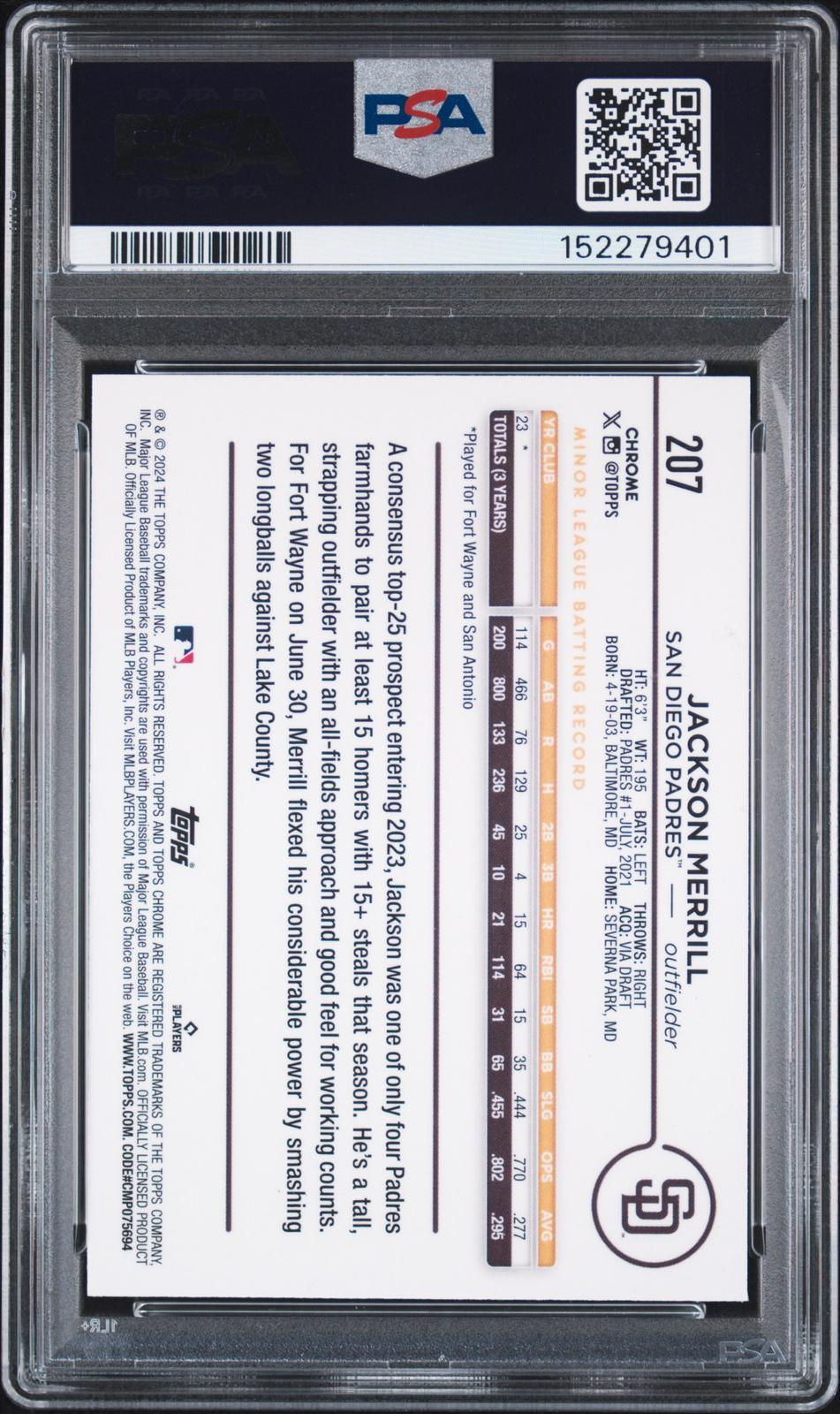 2024 Topps Chrome 207 Jackson Merrill PSA Authentic