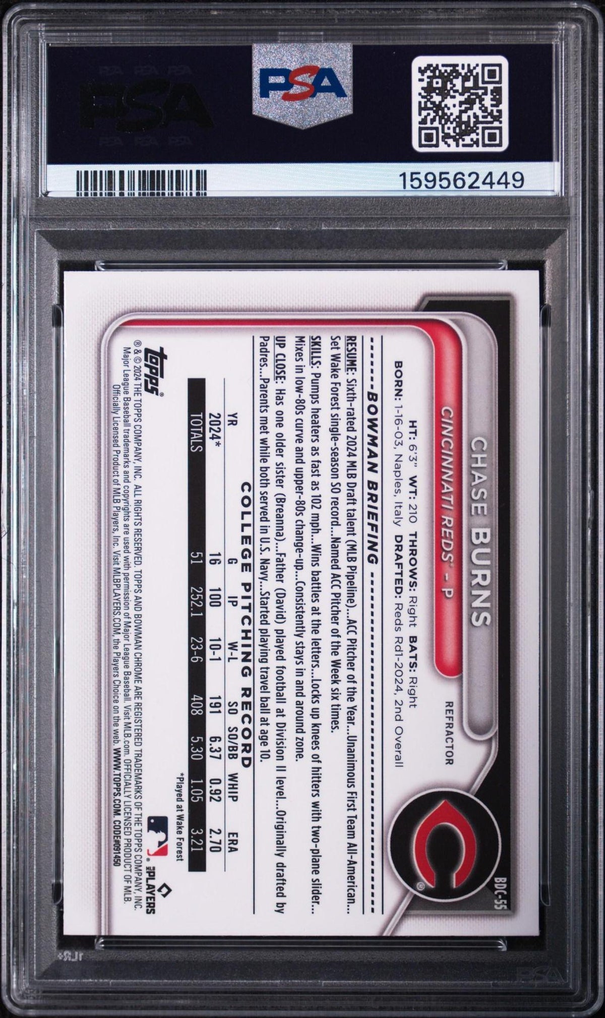 2024 BOWMAN DRAFT BDC55 CHASE BURNS CHROME-REFRACTOR PSA 10