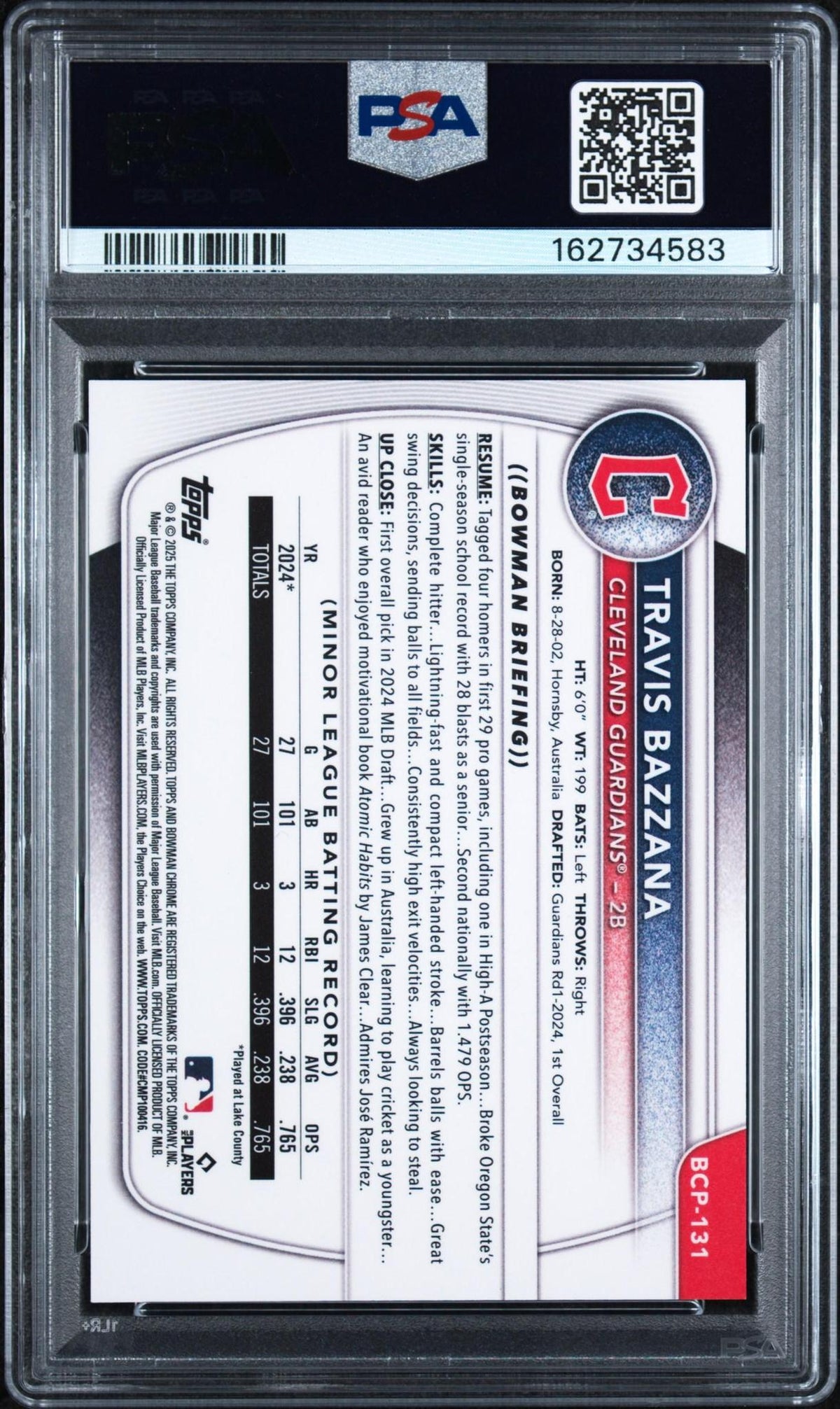 2025 BOWMAN SAPPHIRE EDITION CHROME PROSPECTS BCP131 TRAVIS BAZZANA GREEN PSA 10