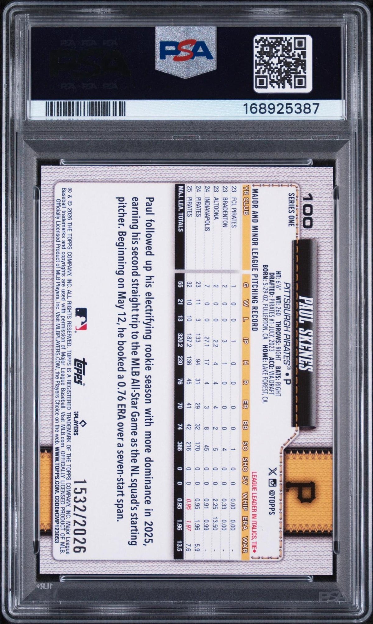2026 TOPPS 100 PAUL SKENES GOLD PSA 10