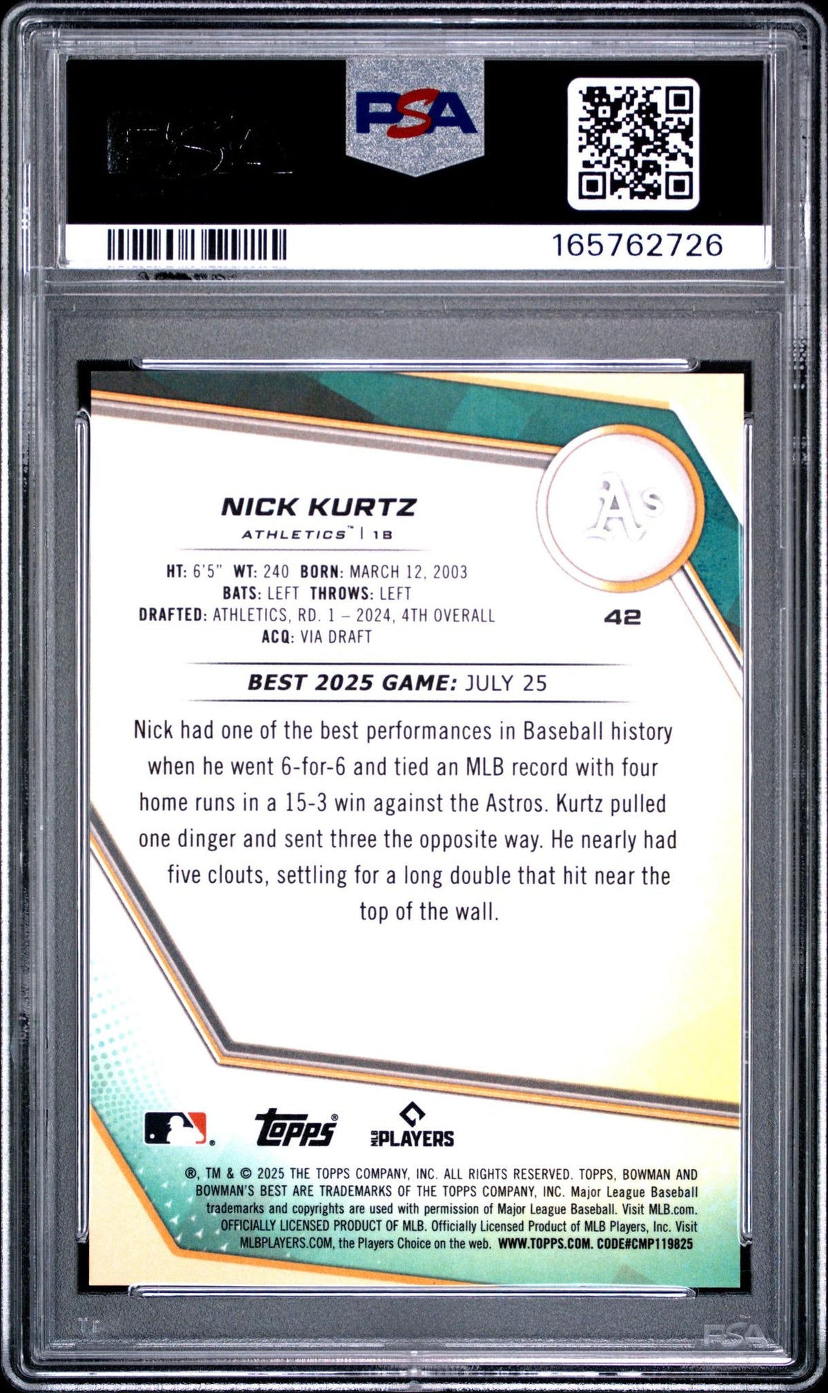 2025 BOWMAN'S BEST 42 NICK KURTZ GOLD LAVA PSA 10