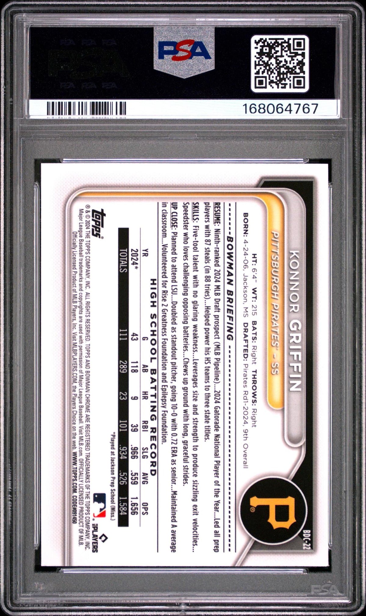 2024 BOWMAN DRAFT BDC22 KONNOR GRIFFIN CHROME PSA 10
