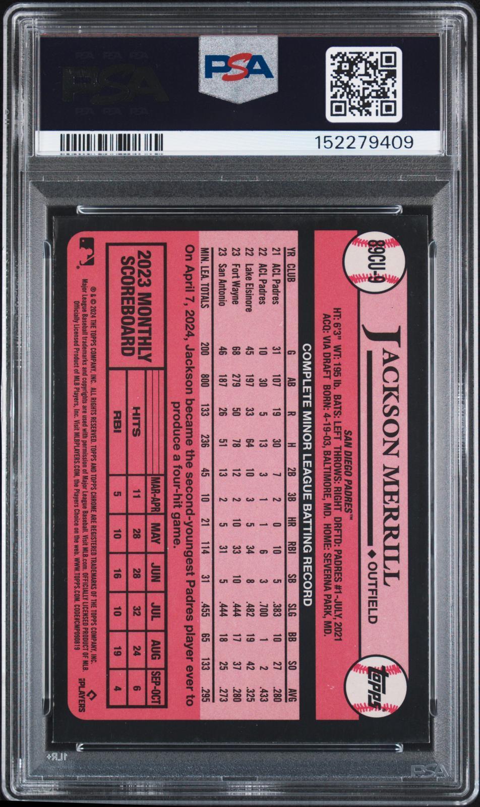 2024 Topps Chrome Update 1989 Topps Baseball 9 Rookie Jackson Merrill PSA Authentic
