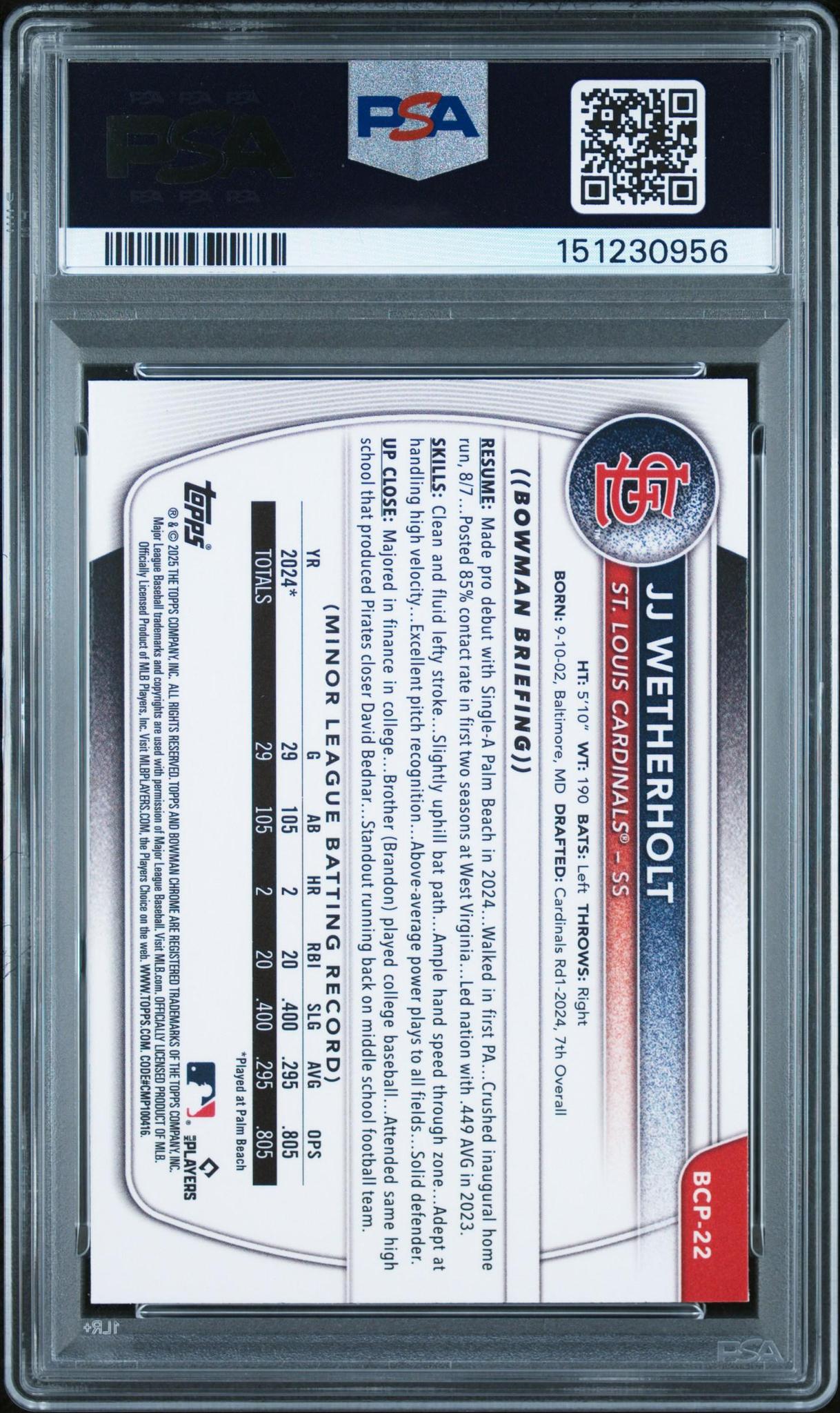 2025 Bowman JJ Wetherholt #BCP22 Chrome Prospects PSA 10