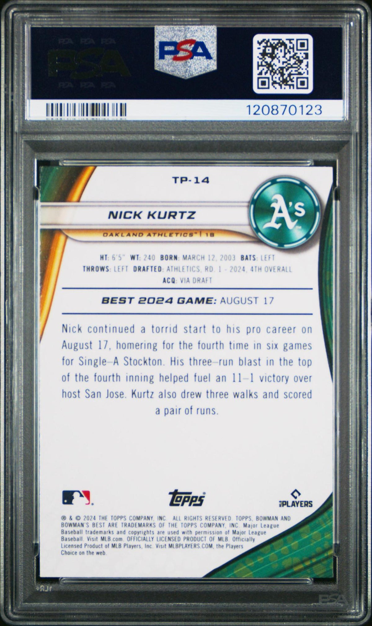 2024 BOWMAN'S BEST TOP PROSPECTS TP14 NICK KURTZ AQUA LAVA PSA 10