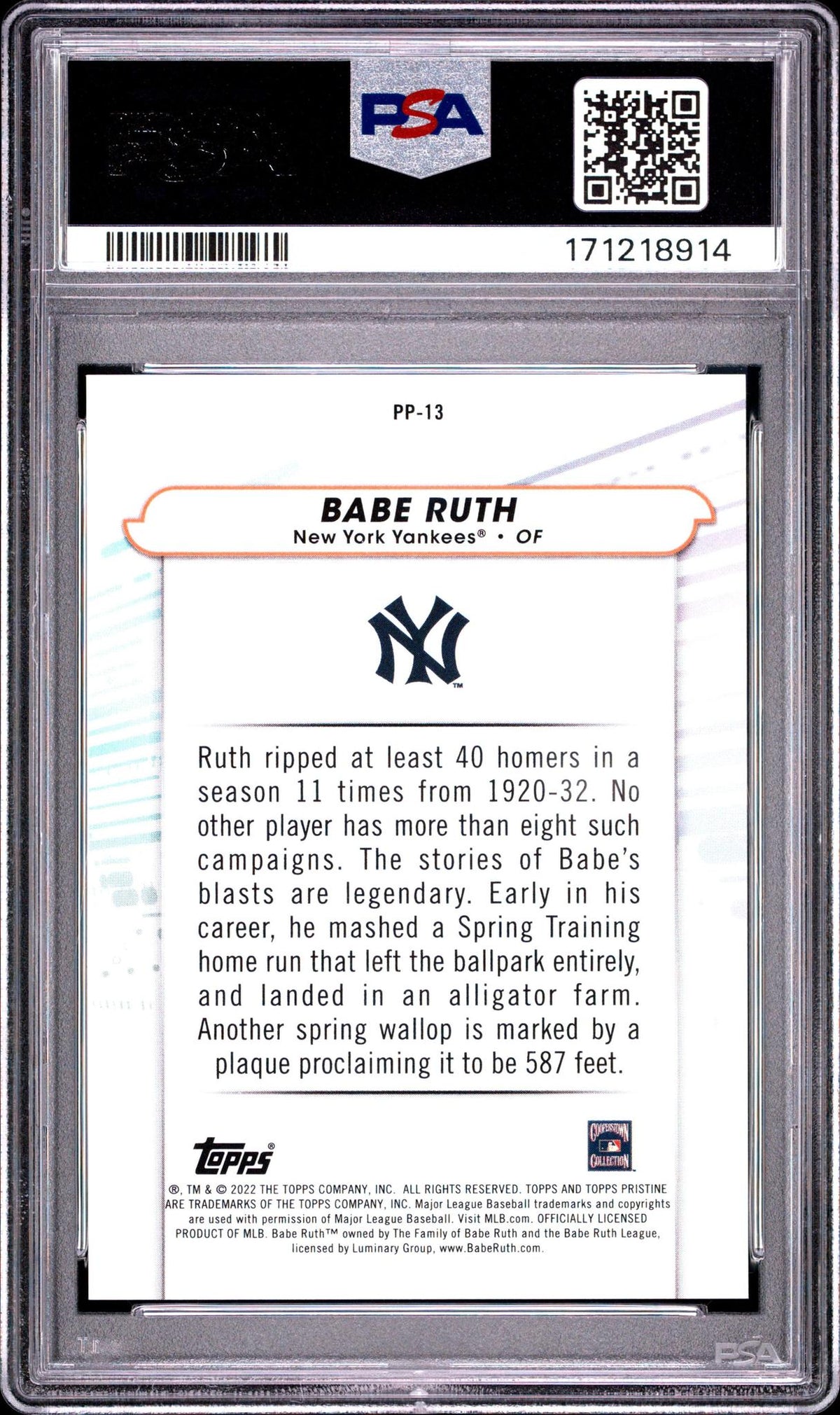 2022 TOPPS PRISTINE PURE POWER PP-13 BABE RUTH PSA 10