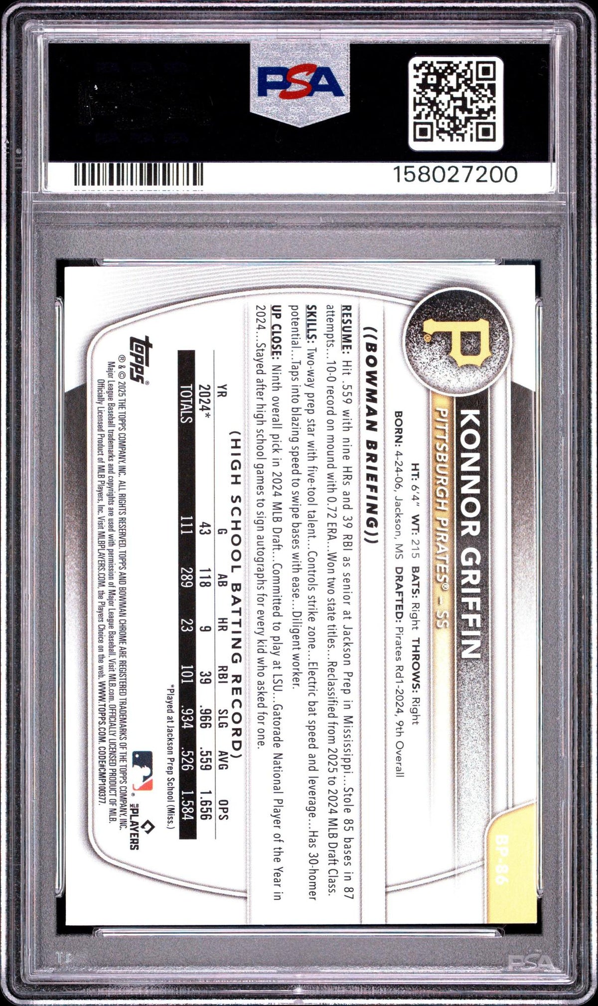 2025 BOWMAN PAPER PROSPECTS BP86 KONNOR GRIFFIN PSA 10