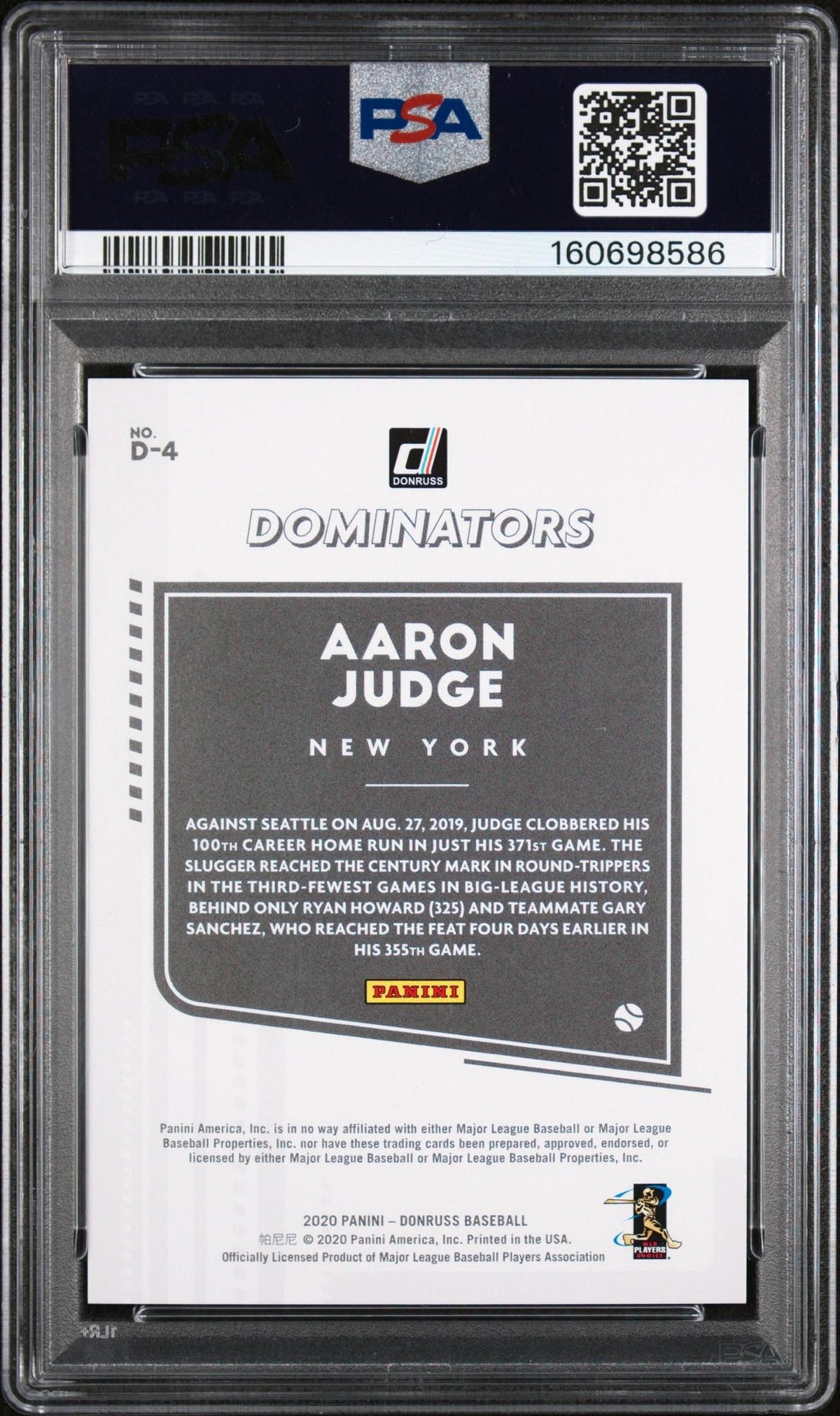 2020 Panini Donruss Dominators D4 Aaron Judge Silver PSA 10