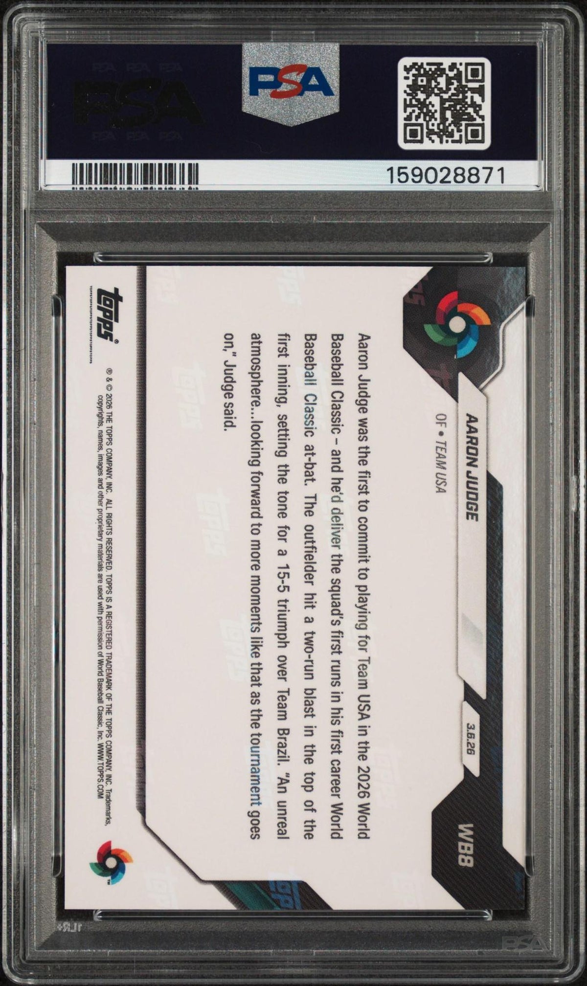 2026 TOPPS NOW WORLD BASEBALL CLASSIC #WB8 AARON JUDGE PSA 10