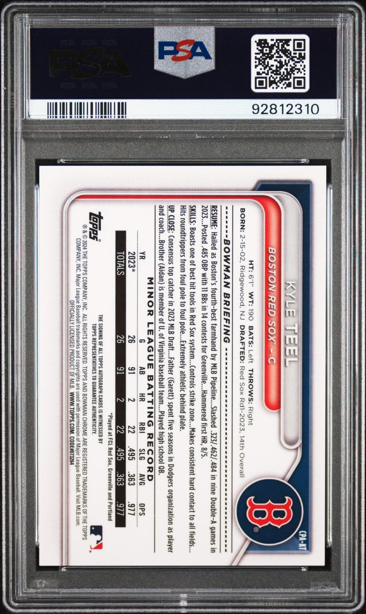 2024 Bowman #CPA-KT Kyle Teel Chrome Prospect Autographs PSA 10