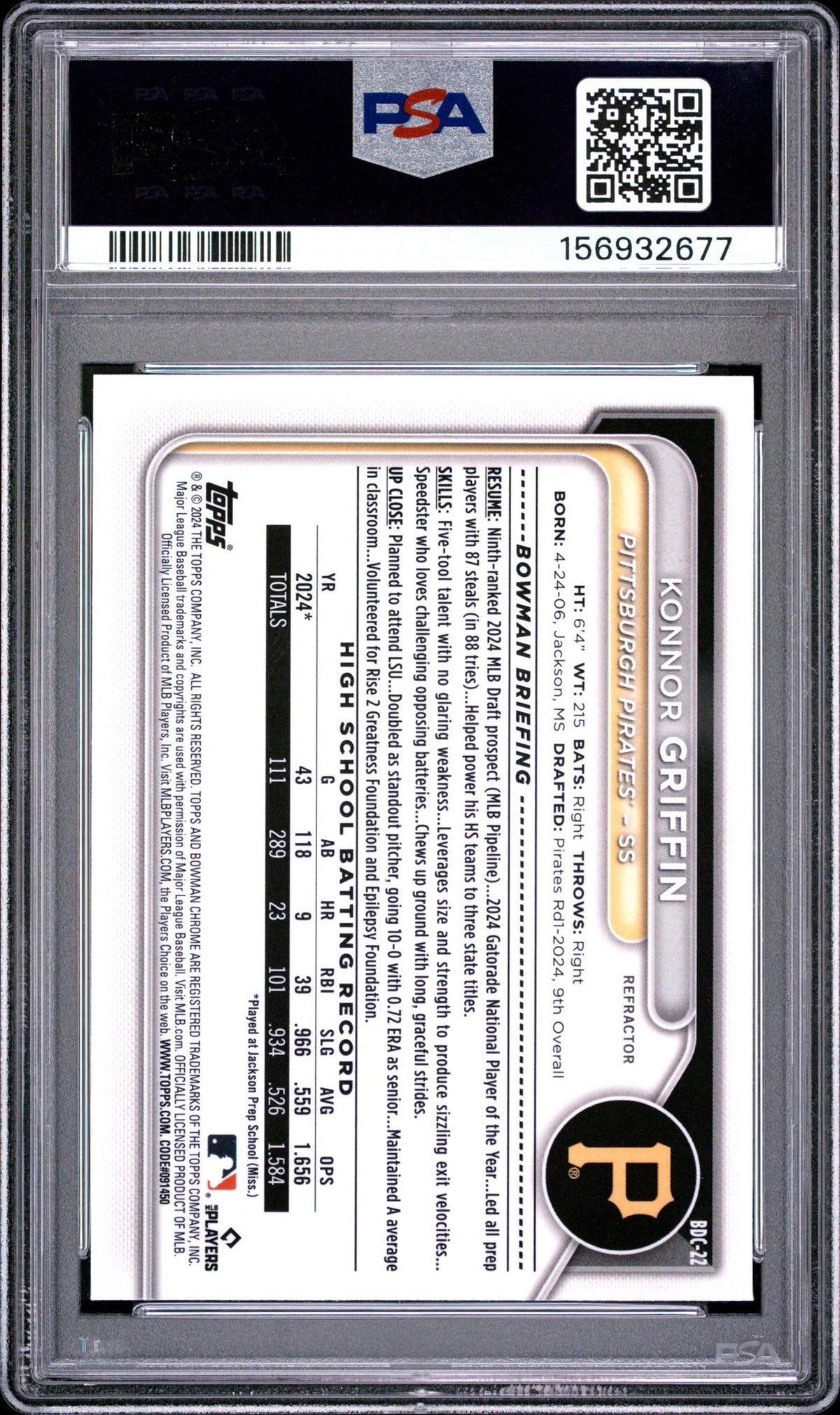 2024 BOWMAN DRAFT BDC22 KONNOR GRIFFIN CHROME-REFRACTOR PSA 10