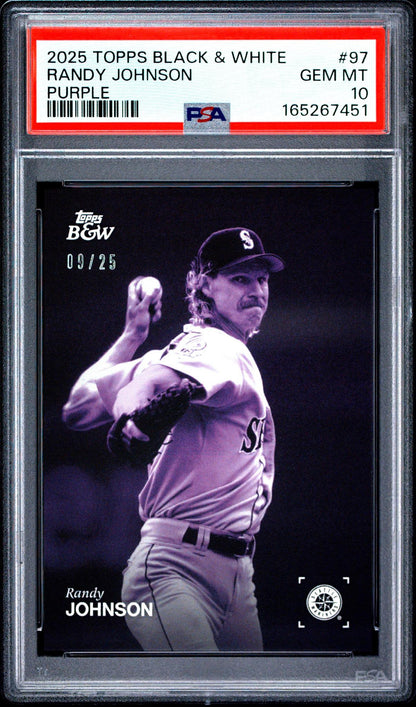 2025 TOPPS BLACK AND WHITE 97 RANDY JOHNSON PURPLE PSA 10