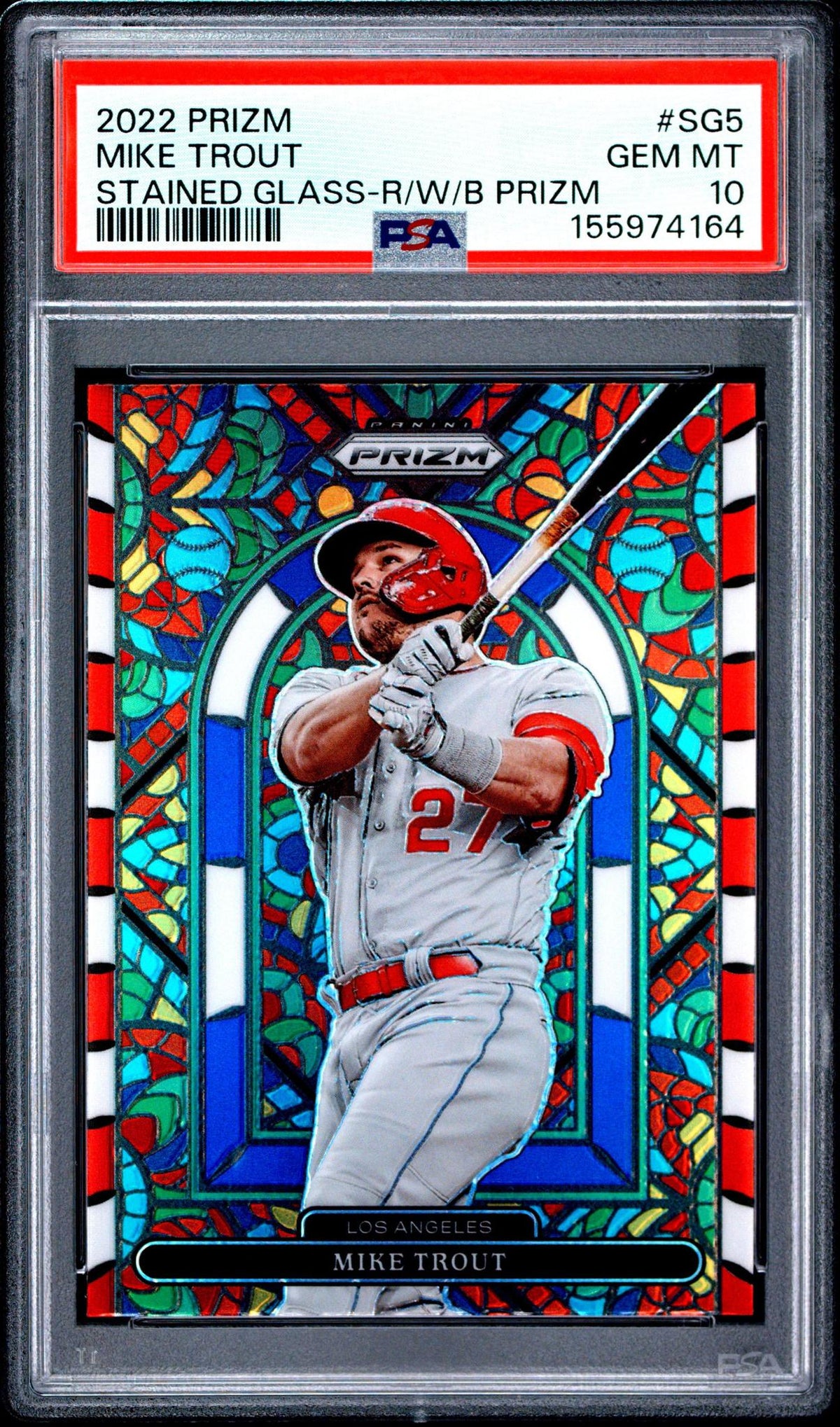 2022 PANINI PRIZM STAINED GLASS SG5 MIKE TROUT RED/WHITE/BLUE PRIZM PSA 10