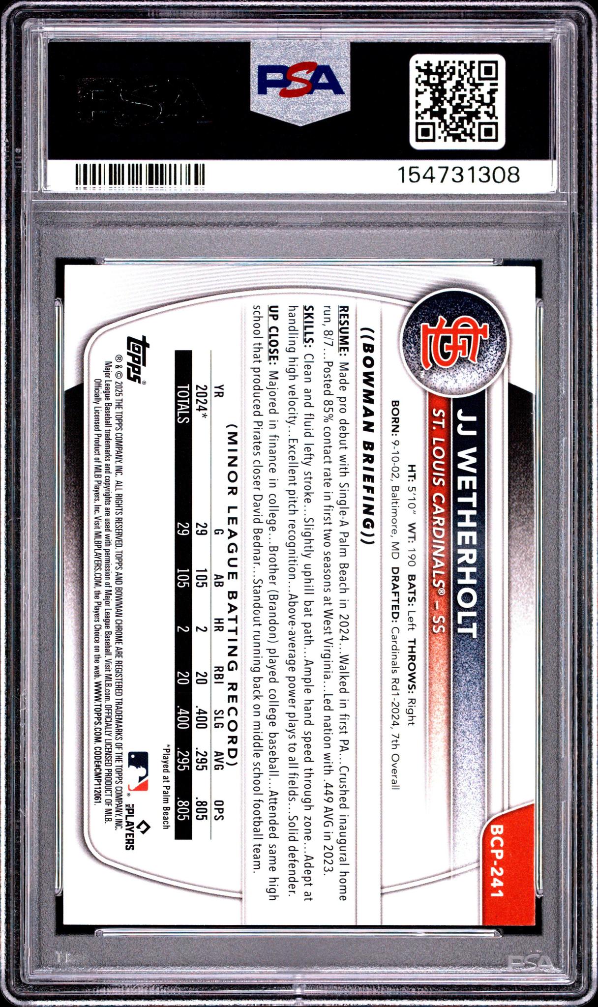 2025 BOWMAN CHROME PROSPECTS BCP241 JJ WETHERHOLT PURPLE PULSAR PSA 10