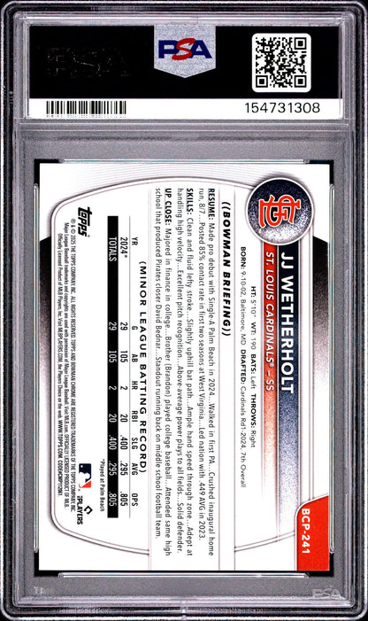2025 BOWMAN CHROME PROSPECTS BCP241 JJ WETHERHOLT PURPLE PULSAR PSA 10