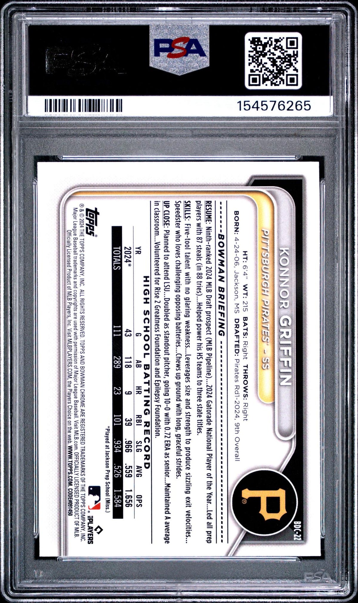 2024 BOWMAN DRAFT BDC22 KONNOR GRIFFIN CHROME PSA 10