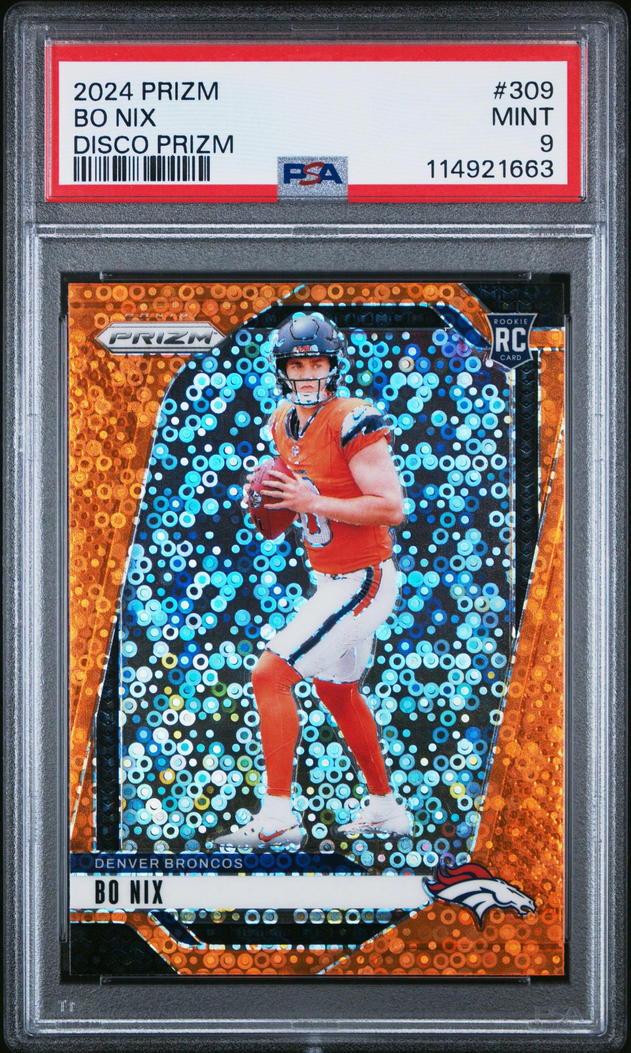 2024 Panini Prizm #309 Bo Nix Orange Disco Prizm PSA 9