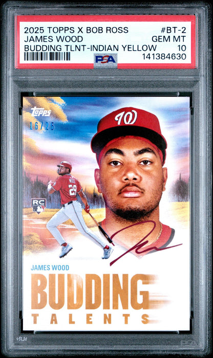 2025 TOPPS X BOB ROSS THE JOY OF BASEBALL BUDDING TALENTS BT-2 JAMES WOOD INDIAN YELLOW PSA 10