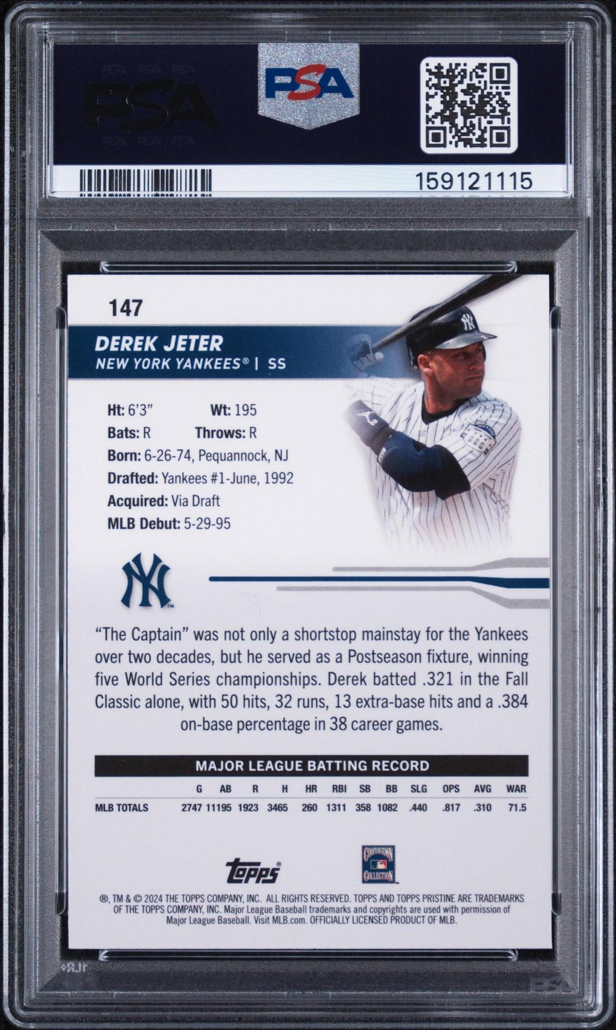 2024 TOPPS PRISTINE 147 DEREK JETER BLUE REFRACTOR PSA 10