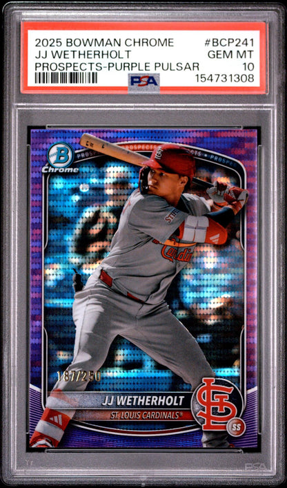 2025 BOWMAN CHROME PROSPECTS BCP241 JJ WETHERHOLT PURPLE PULSAR PSA 10