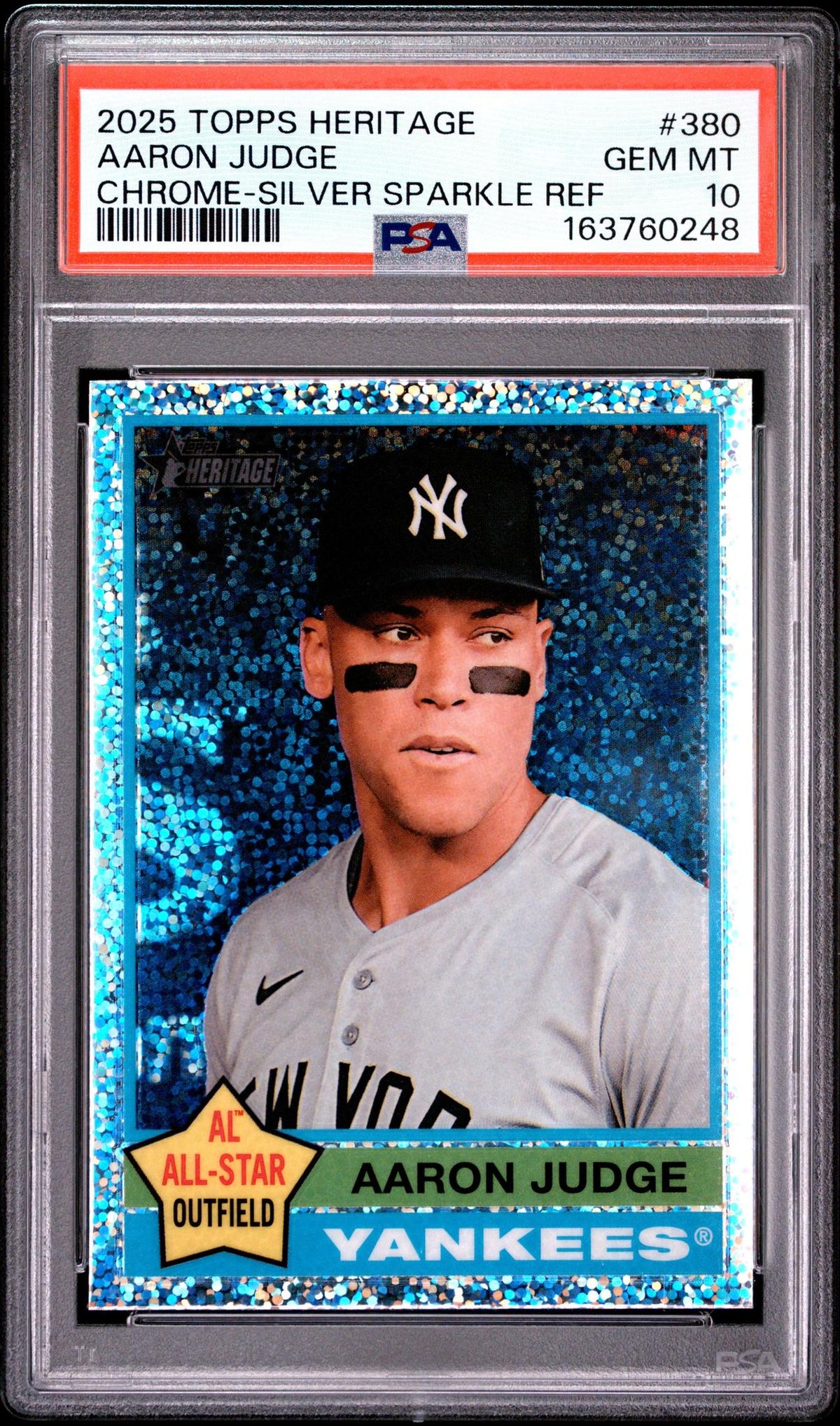 2025 TOPPS HERITAGE 380 AARON JUDGE CHROME-SILVER SPARKLE REFRACTOR PSA 10
