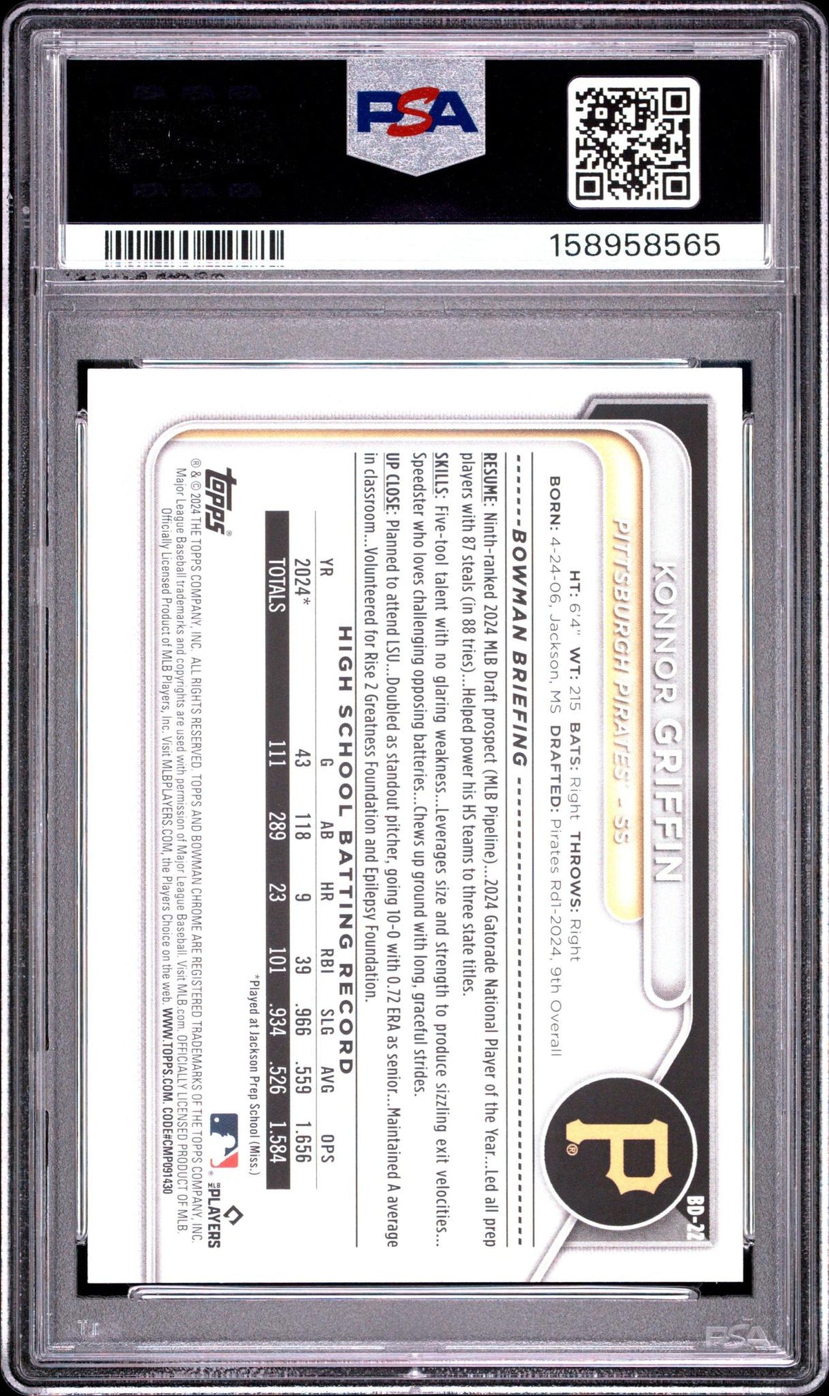 2024 BOWMAN DRAFT #BD22 KONNOR GRIFFIN PSA 10