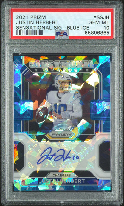 2021 PANINI PRIZM SENSATIONAL SIGNATURES SSJH JUSTIN HERBERT BLUE ICE PSA 10