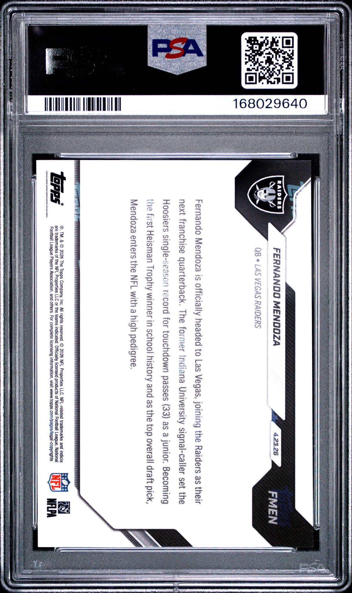 2026 TOPPS NOW #FMEN FERNANDO MENDOZA PSA 10