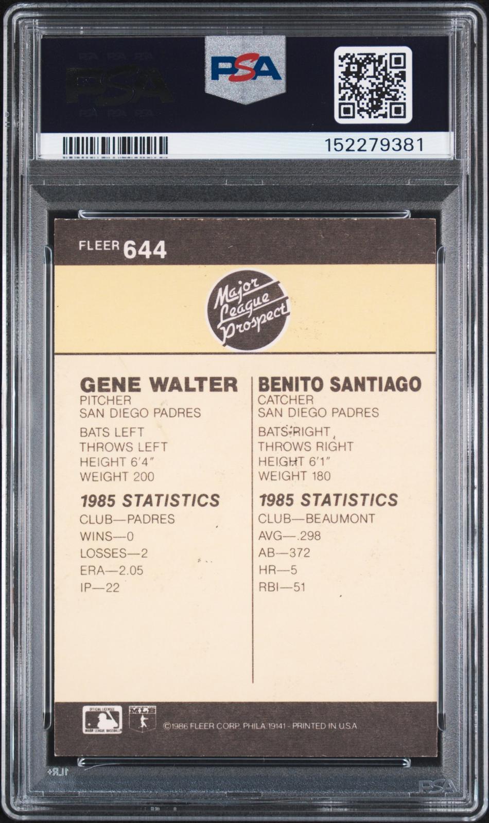 1986 Fleer 644 Major League Pros. Major League Pros. PSA Authentic