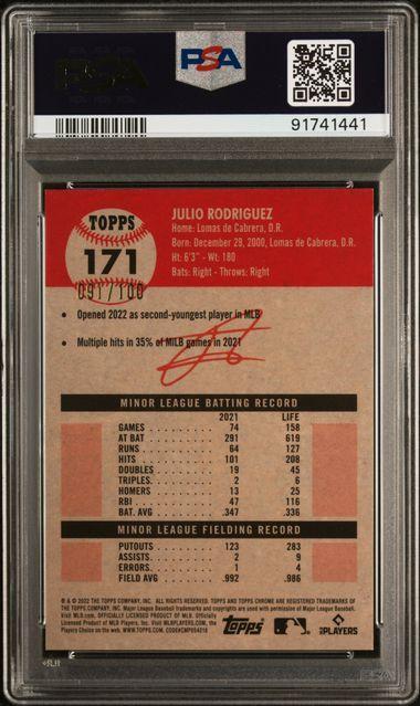 2022 TOPPS CHROME PLATINUM ANNIVERSARY 171 JULIO RODRIGUEZ PLATINUM TOILE CREAM/FUCHSIA ATOMIC REFRACTOR PSA 10