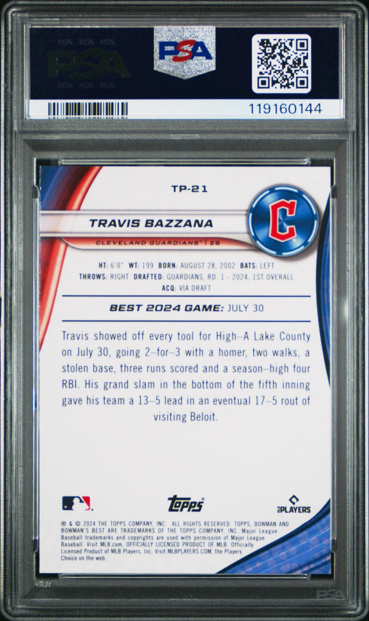 2024 BOWMAN'S BEST TOP PROSPECTS TP21 TRAVIS BAZZANA GOLD LAVA PSA 10