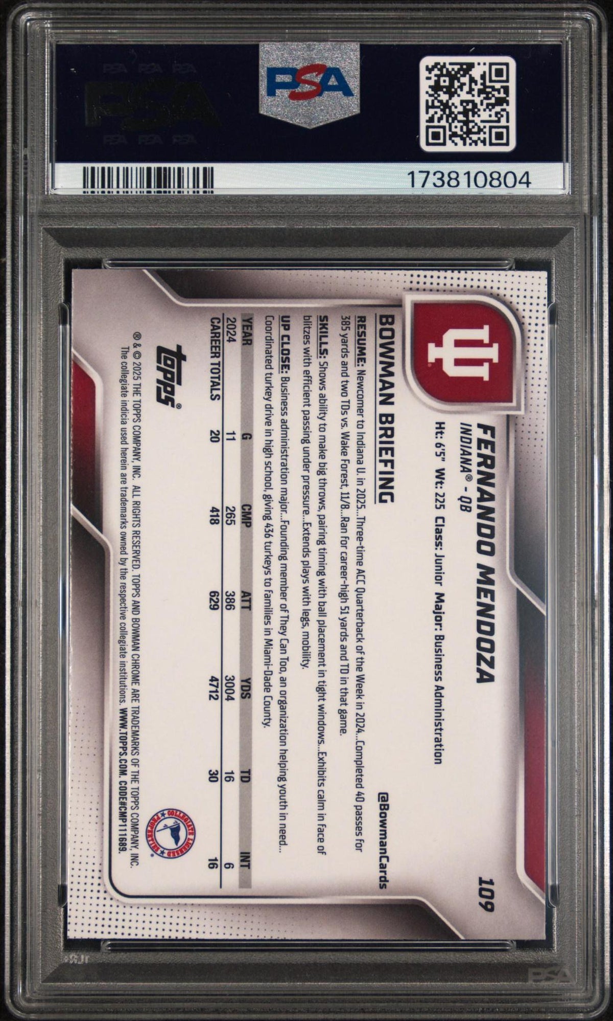 2025 BOWMAN UNIVERSITY CHROME #109 FERNANDO MENDOZA TEAL LAVA PSA 10